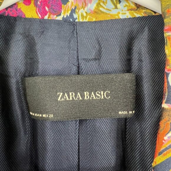 Zara Basic Navy All Over Floral Print Silky 3/4 Sleeve Open Blazer Women Medium - Picture 2 of 6